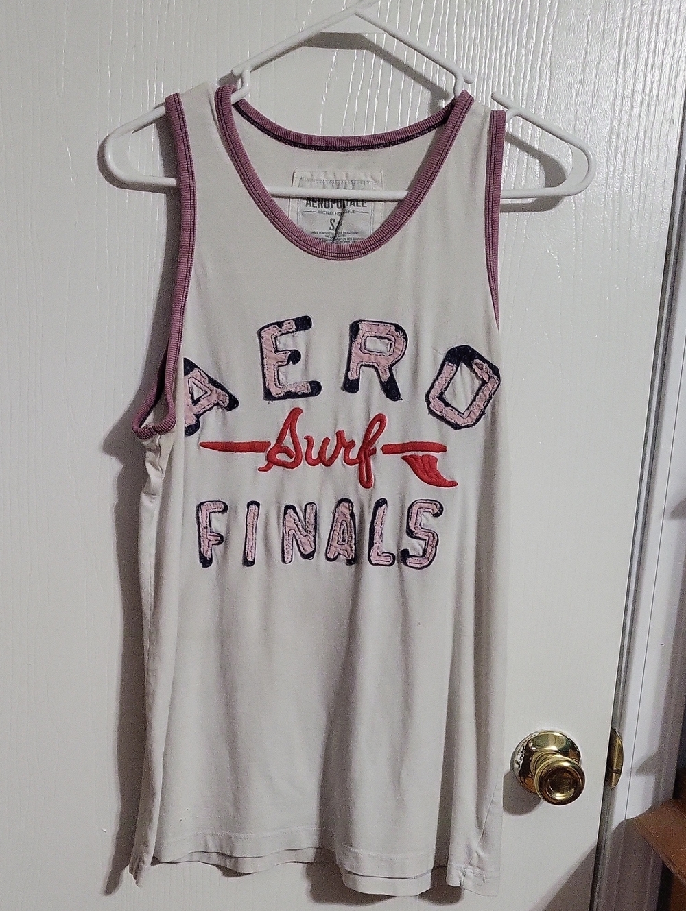 Shirt-White Tank Top with Pink Trim and Red Surf Accent#3184